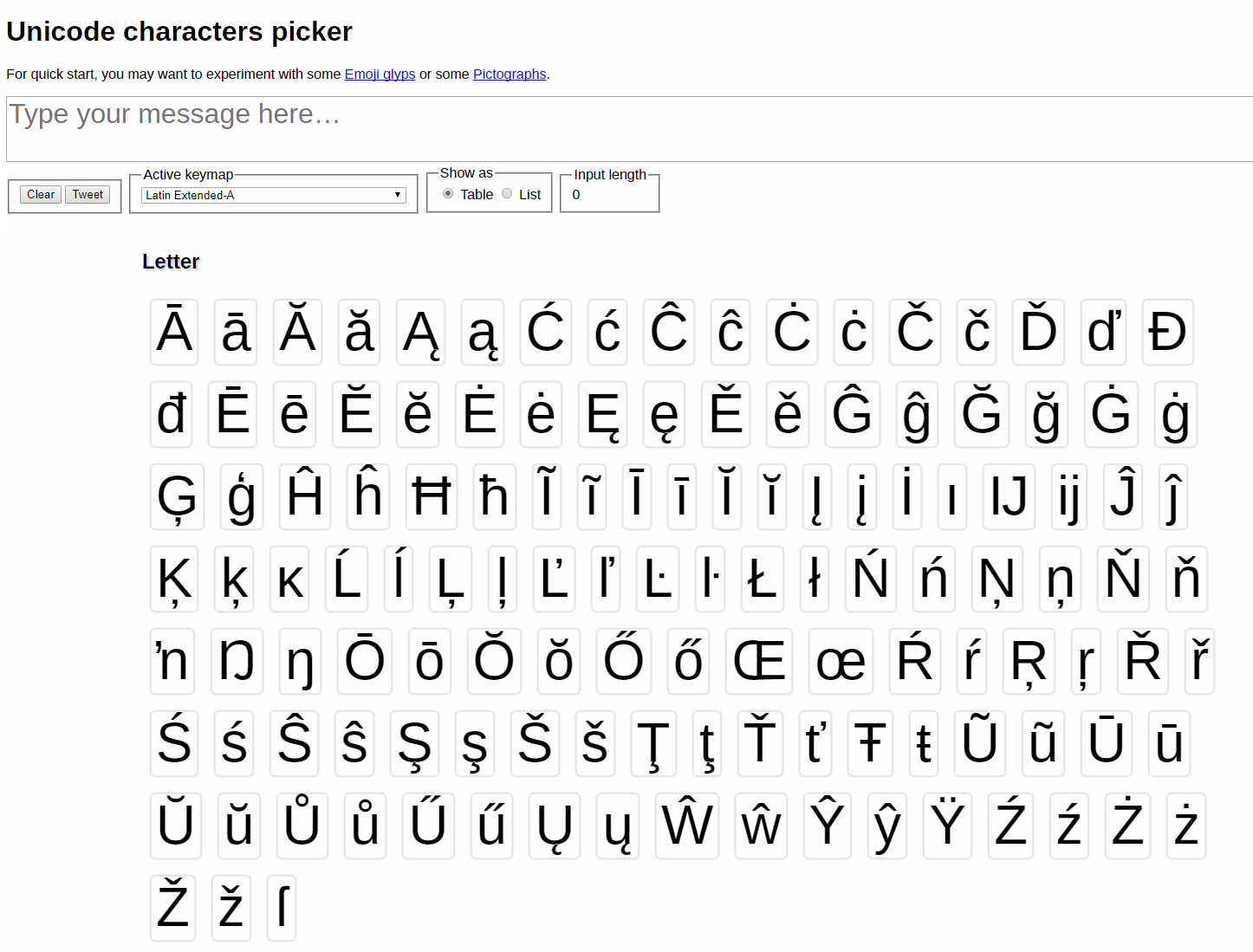 Unicode characters picker